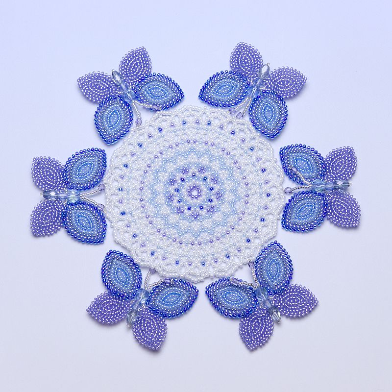 Butterefly Beaded Doily: blue and purple