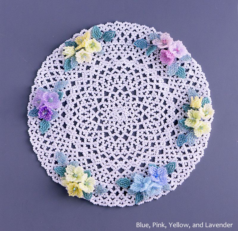 Tiny Flower Corsage Beaded Doily by weaving beads: blue, pink, yellow, lavender