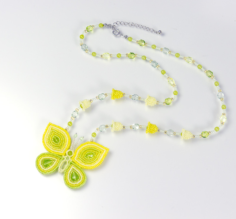 Butterfly and Bell-Shaped Flowers Necklace: yellow green