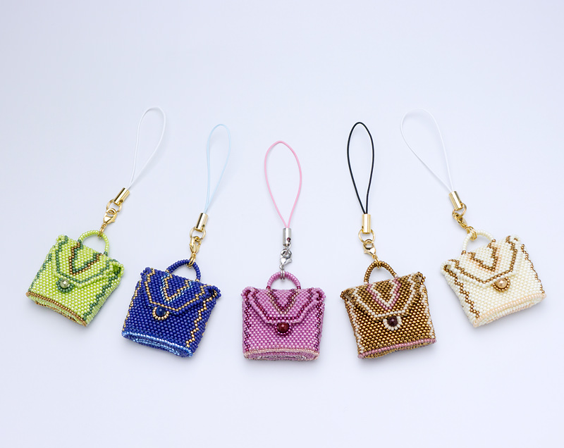 little outing bag pendants: green, blue, rose,  brown, and ivory