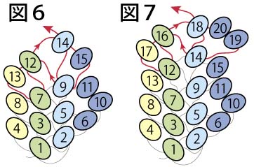 円形のプレイテッドヘリンボーンステッチの編み方の図６と図７